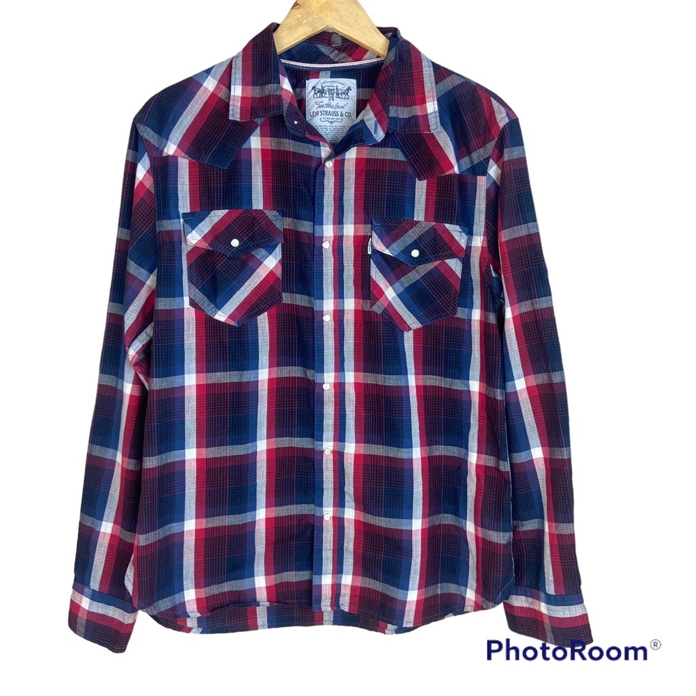 Levi’s Blue Red White Plaid Pearl Snap Long Sleeve Western Shirt Medium Workweek